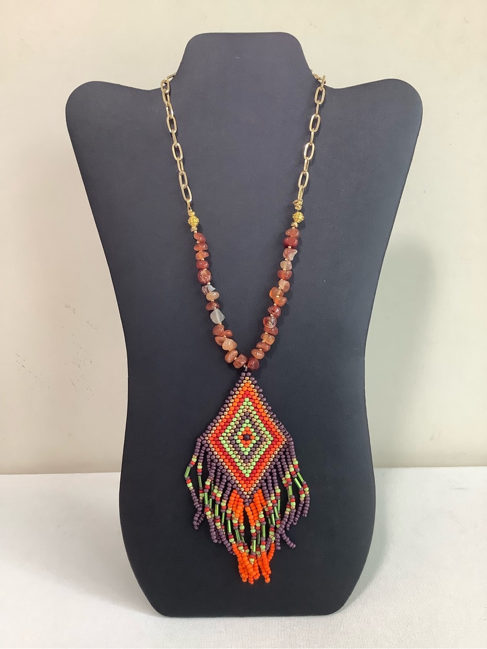 Boho Multicolor Beaded Fringe Necklace — Orange, Purple & Green